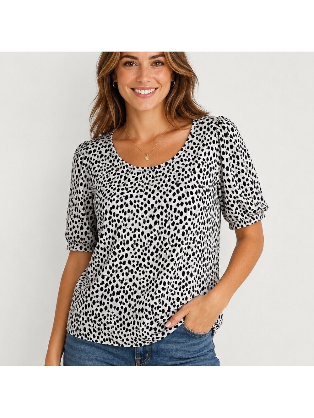 LOFT Gray Black Polka Dot Knit Blouse Women’s Medium Puff Sleeve Minimalist
